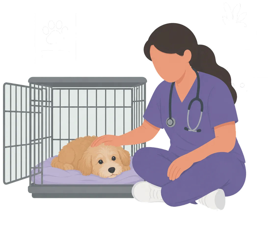 Mascota en hospitalización diurna en la Clínica Veterinaria Rovira, Gràcia