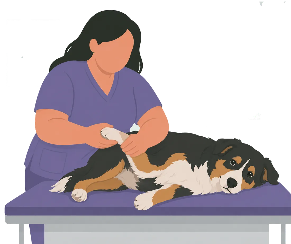 Exploración traumatológica de un perro en la Clínica Veterinaria Rovira, Gràcia